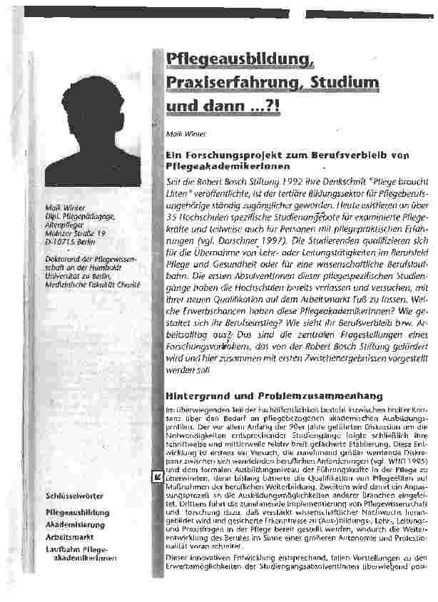 Vorschauseite 1: Pflegeausbildung, Praxiserfahrunq. Studium und dann. .. ?!