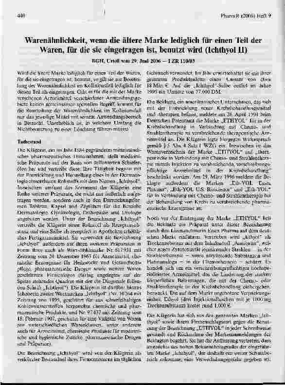 Vorschauseite 1: Warenähnlichkeit, wenn die ältere Marke lediglich für einen Teil der Waren, für die sie eingetragen ist, benutzt wird (Ichthyol II)