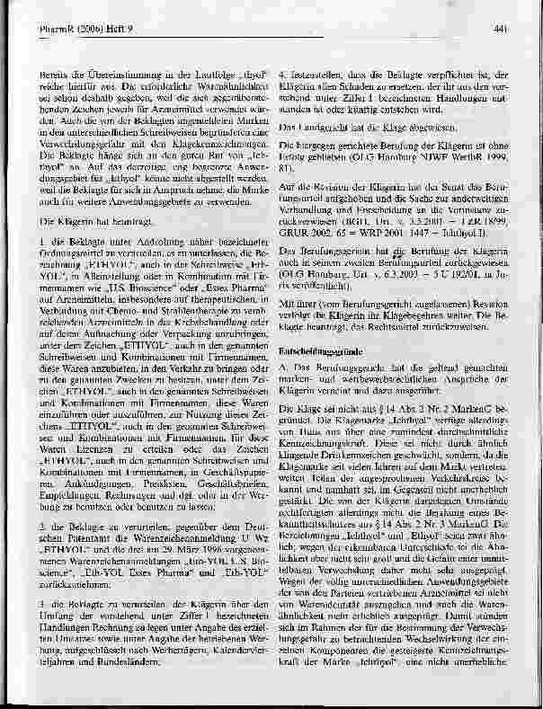 Vorschauseite 2: Warenähnlichkeit, wenn die ältere Marke lediglich für einen Teil der Waren, für die sie eingetragen ist, benutzt wird (Ichthyol II)