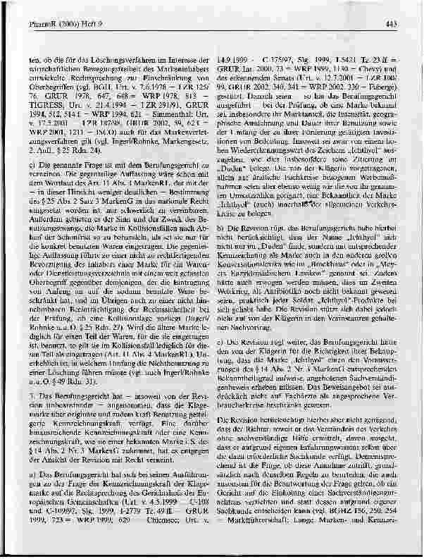 Vorschauseite 4: Warenähnlichkeit, wenn die ältere Marke lediglich für einen Teil der Waren, für die sie eingetragen ist, benutzt wird (Ichthyol II)