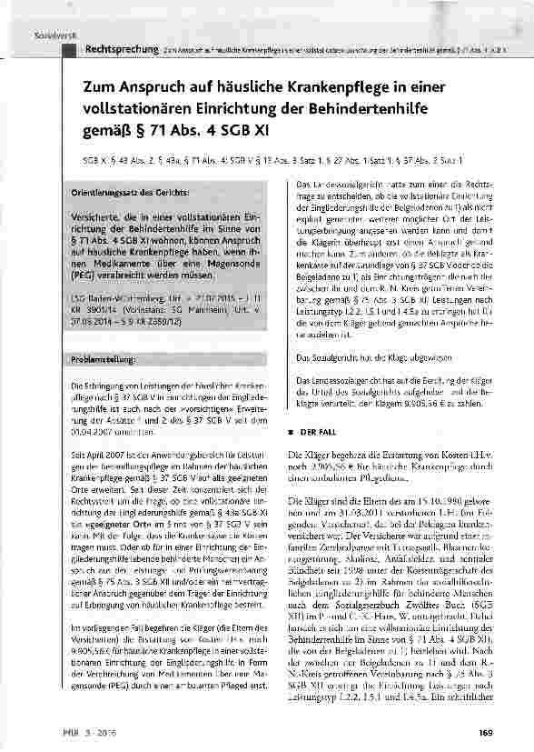 Vorschauseite 1: Zum Anspruch auf häusliche Krankenpflege in einer vollstationären Einrichtung der Behindertenhilfe gemä|i § 71 Abs. 4 SGB XI