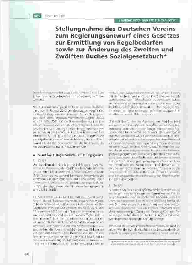 Vorschauseite 1: Stellungnahme des Deutschen Vereins zum Regierungsentwurf eines Gesetzes zur Ermittlung von Regelbedarfen sowie zur Änderung des Zweiten und Zwölften Buches Sozialgesetzbuch