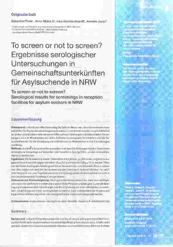 Vorschauseite 1: To screen or not to screen? Ergebnisse serologischer Untersuchungen in Gemeinschaftsunterkünften für Asylsuchende in NRW