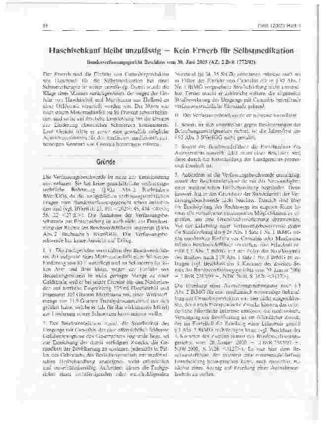 Vorschauseite 1: Haschischkauf bleibt unzulässig - Kein Erwerb für Selbstmedikation