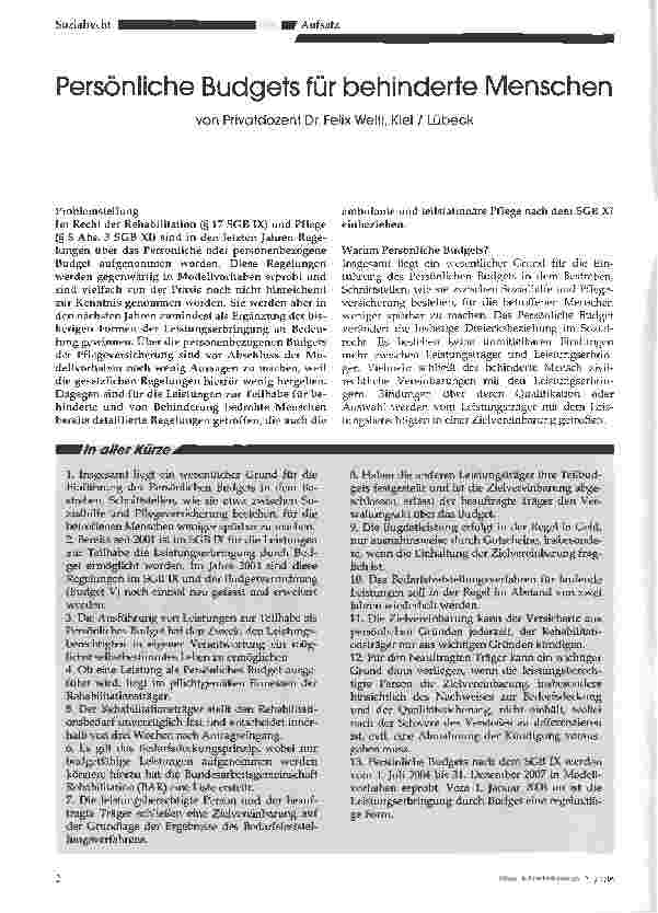 Vorschauseite 1: Persönliche Budgets für behinderte Menschen