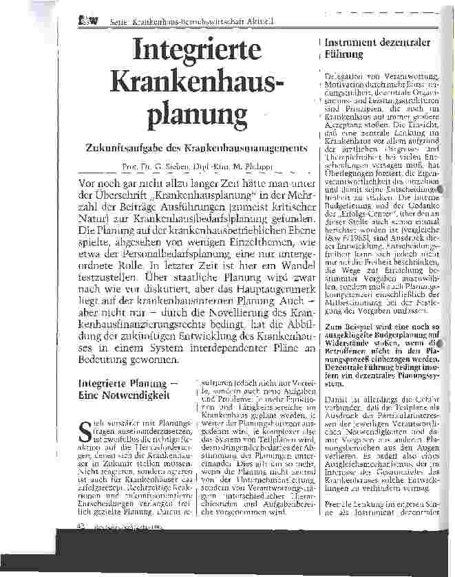Vorschauseite 1: Integrierte Krankenhausplanung, Zukunftsaufgabe des Krankenhausmanagement
