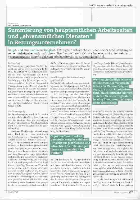 Vorschauseite 1: Summierung von hauptamtlichen Arbeitszeiten und „ehrenamtlichen Diensten in Rettungsunternehmen?