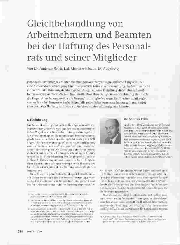Vorschauseite 1: Gleichbehandlung von Arbeitnehmern und Beamten bei der Haftung des Personalrats und seiner Mitglieder