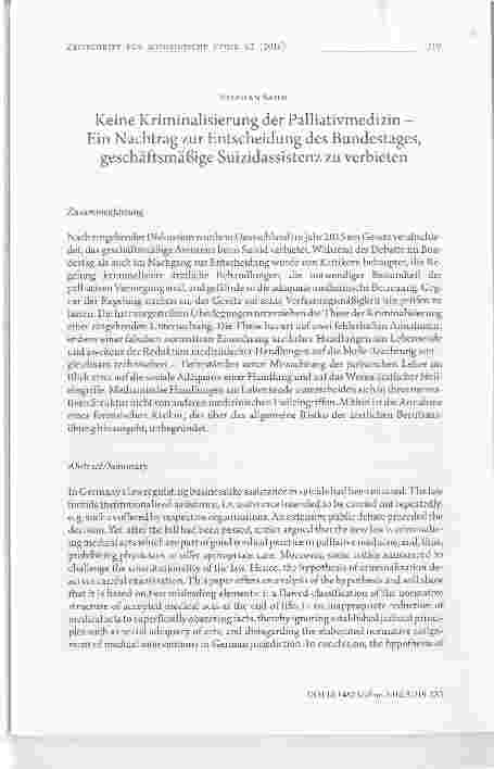 Vorschauseite 1: Keine Kriminalisierung der Palliativmedizin - Ein Nachtrag zur Entscheidung des Bundestages, geschäftsmäßige Suizidassistenz zu verbieten