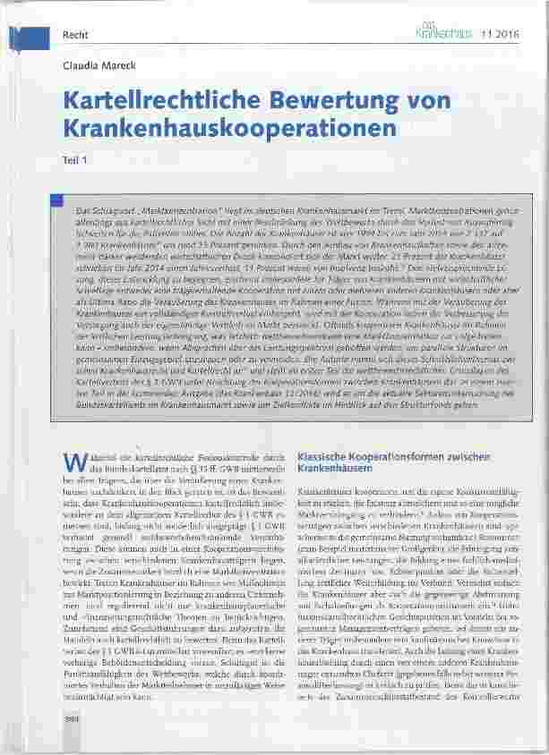 Vorschauseite 1: Kartellrechtliche Bewertung von Krankenhauskooperationen Teil 1