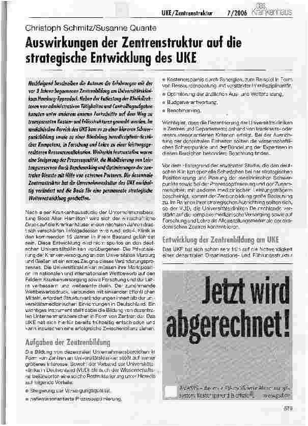 Vorschauseite 1: Auswirkungen der Zentrenstruktur auf die strategische Entwicklung des UKE