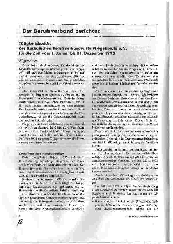 Vorschauseite 1: Tätigkeitsbericht des Katholischen Berufsverbandes für Pflegeberufe e. V. für die Zeit vom 1. Januar bis 31. Dezember 1995