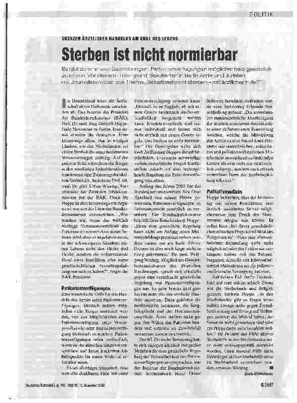 Vorschauseite 1: GRENZEN ÄRZTLICHEN HANDELNS AM ENDE DES LEBENS - Sterben ist nicht normierbar