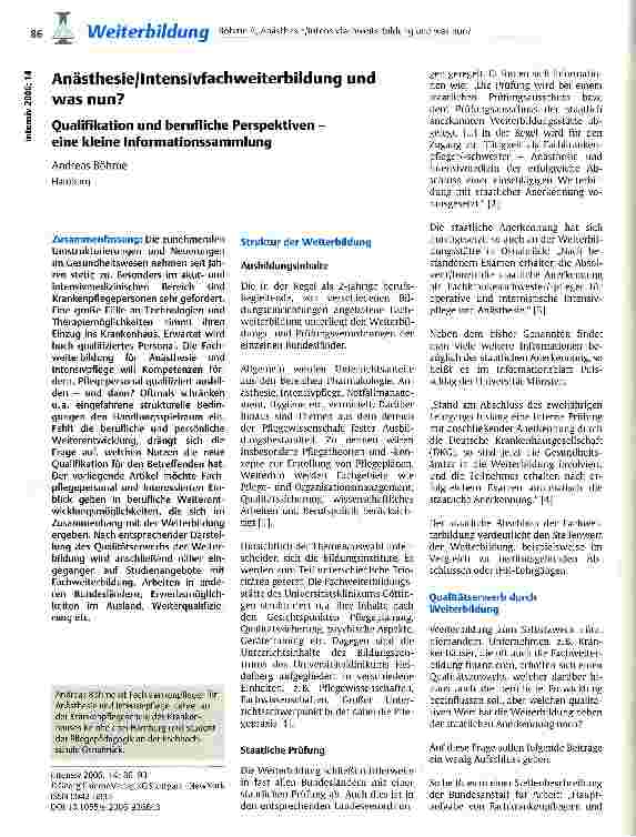 Vorschauseite 1: Anästhesie/Intensivfachweiterbildung und was nun? Qualifikation und berufliche Perspektiven -eine kleine Informationssammlung