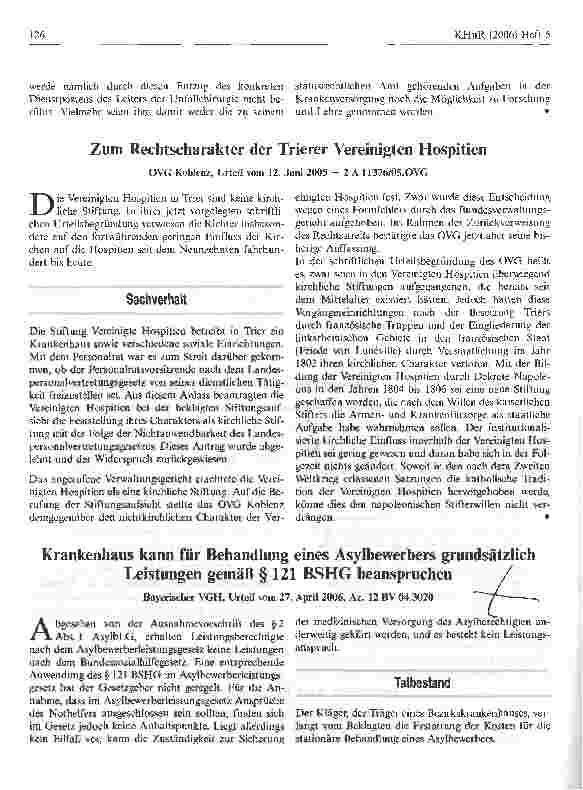Vorschauseite 1: Krankenhaus kann für Behandlung eines Asylbewerbers grundsätzlich Leistungen gemäß § 121 BSHG beanspruchen