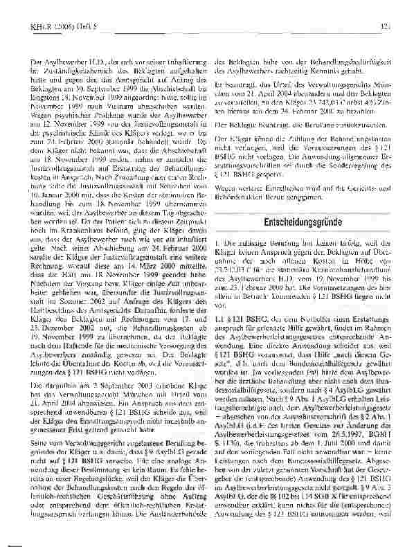 Vorschauseite 2: Krankenhaus kann für Behandlung eines Asylbewerbers grundsätzlich Leistungen gemäß § 121 BSHG beanspruchen