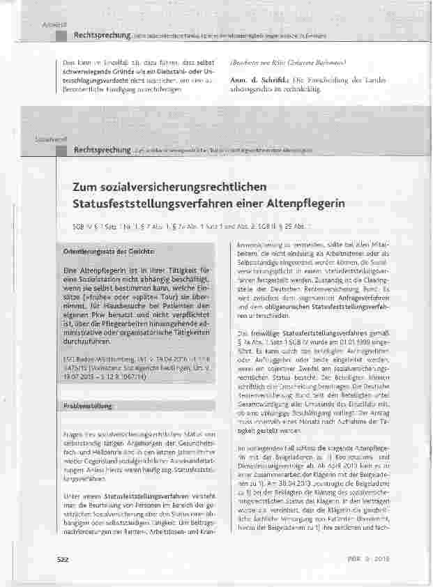 Vorschauseite 1: Zum sozialversicherungsrechtlichen Statusfeststellungsverfahren einer Altenpflegerin