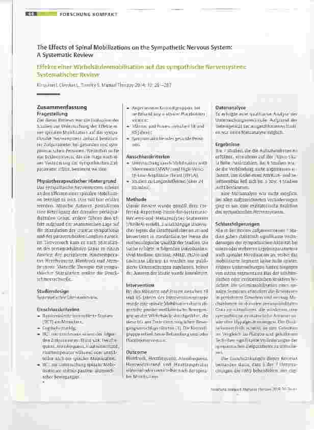 Vorschauseite 1: Effekte einer Wirbelsäulenmobilisation auf das sympathische Nervensystem: Systematischer Review