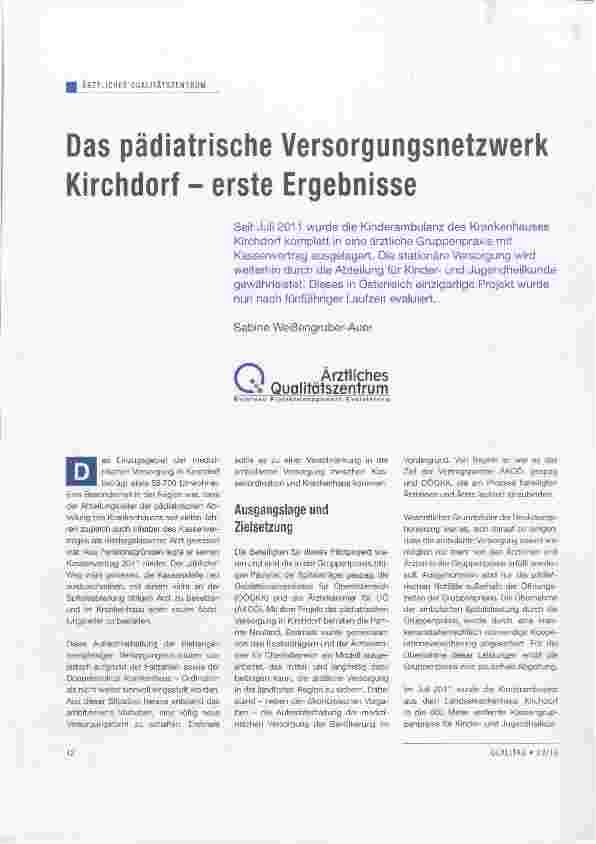 Vorschauseite 1: Das pädiatrische Versorgungsnetzwerk Kirchdorf erste Ergebnisse