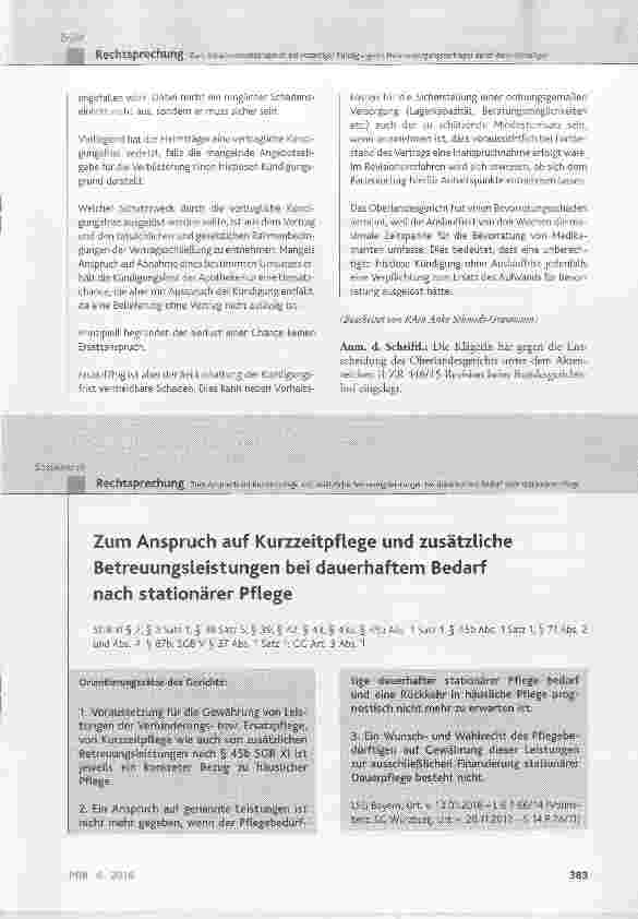 Vorschauseite 1: Zum Anspruch auf Kurzzeitpflege und zusätzliche Betreuungsleistungen bei dauerhaftem Bedarf nach stationärer Pflege
