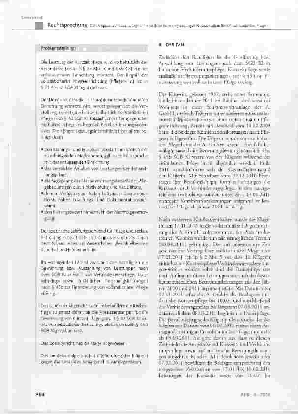 Vorschauseite 2: Zum Anspruch auf Kurzzeitpflege und zusätzliche Betreuungsleistungen bei dauerhaftem Bedarf nach stationärer Pflege