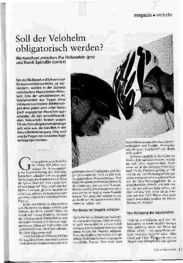 Vorschauseite 1: Soll der Velohelm obligatorisch werden?