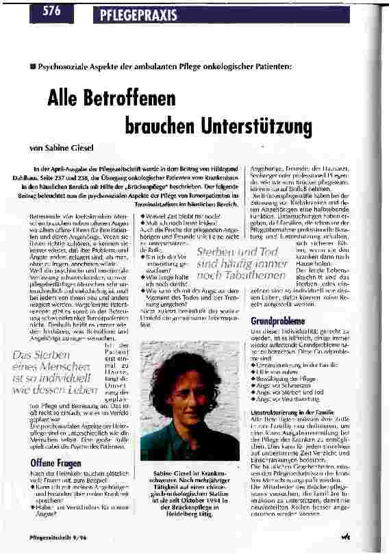 Vorschauseite 1: Alle Betroffenen brauchen Unterstüzung Psychosoziale Aspekte der ambulanten Pflege onkologischer Patienten.