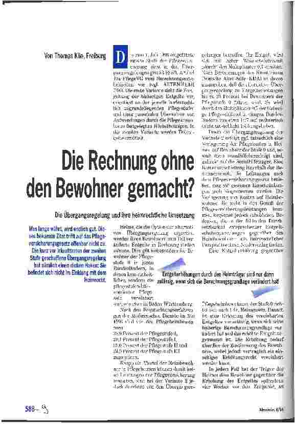 Vorschauseite 1: Die Rechnung ohne den Bewohner gemacht? Die Übergangsregelung und ihre heimrechtliche Umsetzung