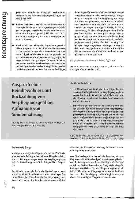 Vorschauseite 1: Anspruch eines Heimbewohners auf Rückzahlung von Verpflegungsgeld bei Aufnahme von Sondennahrung
