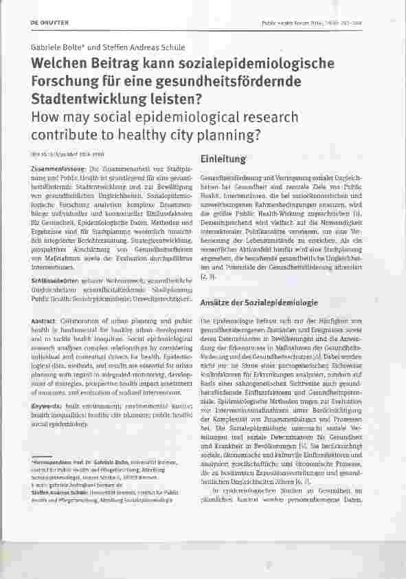 Vorschauseite 1: Welchen Beitrag kann sozialepidemiologische Forschung für eine gesundheitsfördernde Stadtentwicklung leisten?