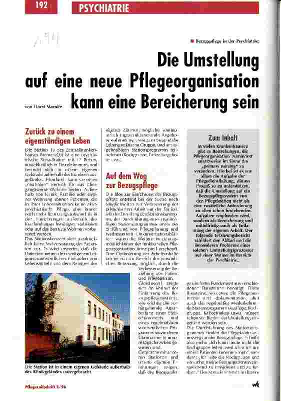Vorschauseite 1: Die Umstellung auf eine neue Pflegeorganisation kann eine Bereicherung sein Bezugspflege in der Psychiatrie