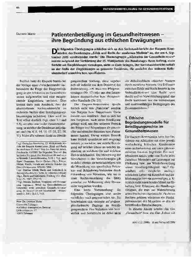Vorschauseite 1: Patientenbeteiligung im Gesundheitswesen -ihre Begründung aus ethischen Erwägungen