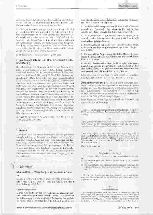 Vorschauseite 1: Mindestlohn Vergütung von Bereitschaftszeiten