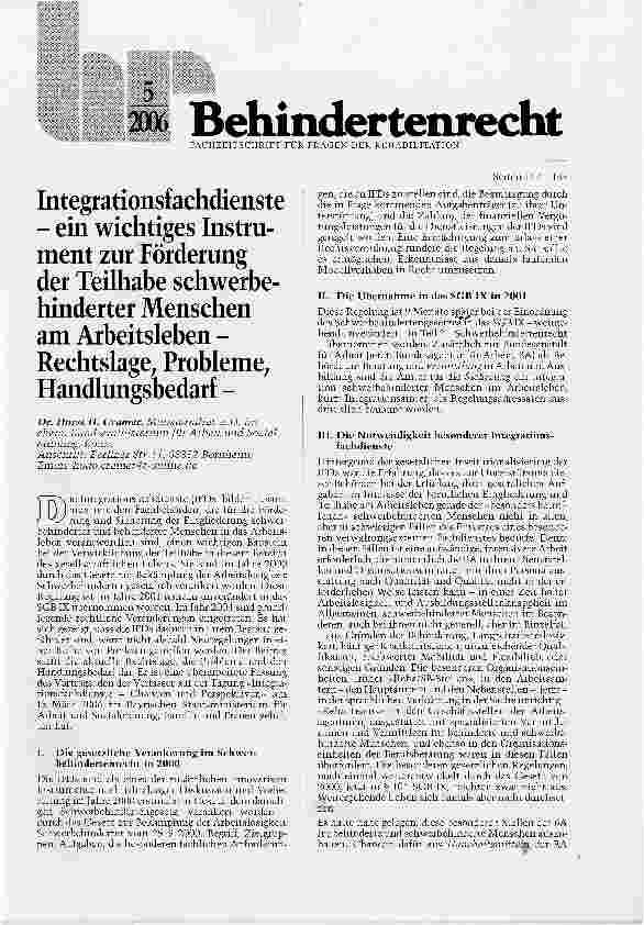 Vorschauseite 1: Integrationsfachdienste - ein wichtiges Instrument zur Förderung der Teilhabe schwerbehinderter Menschen am Arbeitsleben -Rechtslage, Probleme, Handlungsbedarf -