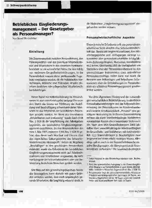 Vorschauseite 1: Betriebliches Eingliederungsmanagement - Der Gesetzgeber als Personalmanager?