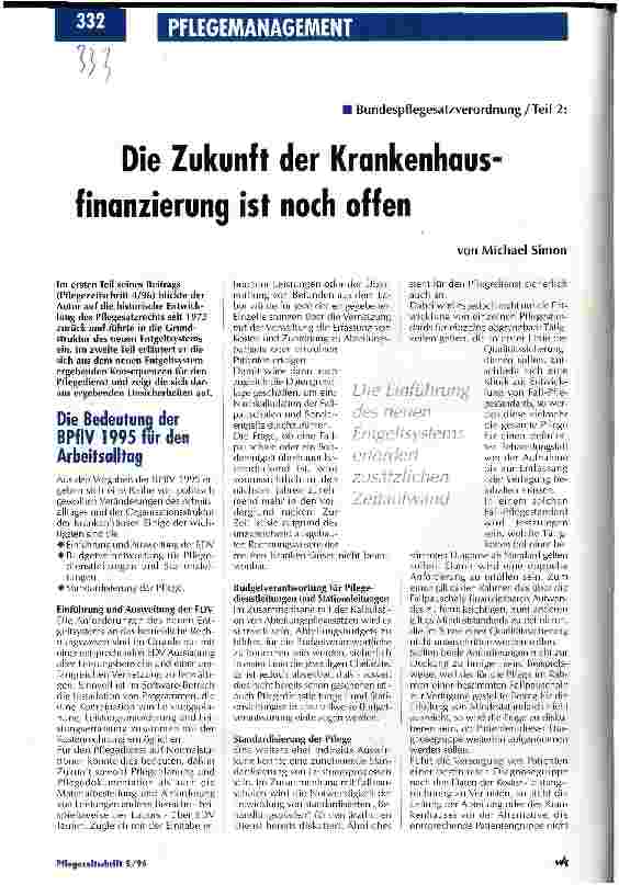 Vorschauseite 1: Die Zukunft der Krankenhausfinanzierung ist noch offen Bundespflegesatzverordnung/Teil 2