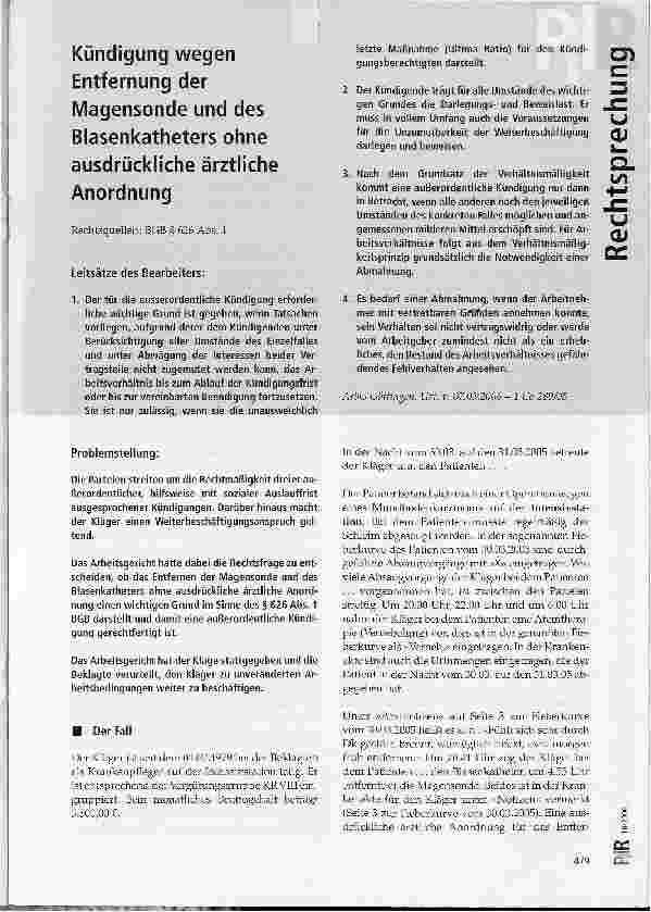 Vorschauseite 1: Kündigung wegen Entfernung der Magensonde und des Blasenkatheters ohne ausdrückliche ärztliche Anordnung