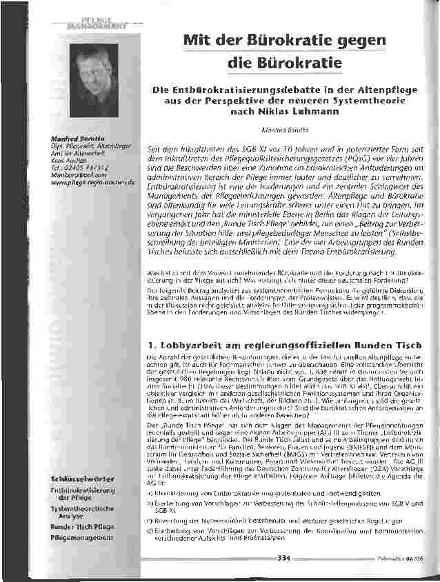 Vorschauseite 1: Mit der Bürokratie gegen die BürokratieDie Entbürokratisierungsdebatte in der Altenpflegeaus der Perspektive der neueren Systemtheorienach Niklas Luhmann