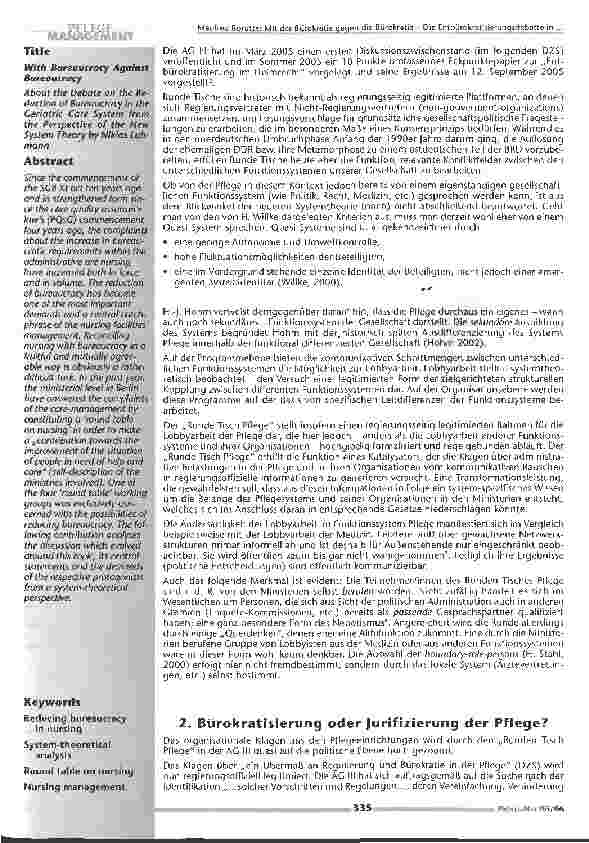 Vorschauseite 2: Mit der Bürokratie gegen die BürokratieDie Entbürokratisierungsdebatte in der Altenpflegeaus der Perspektive der neueren Systemtheorienach Niklas Luhmann