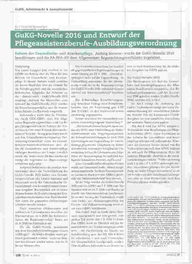 Vorschauseite 1: GuKG-Novelle 2016 und Entwurf der Pflegeassistenzberufe-Ausbildungsverordnung