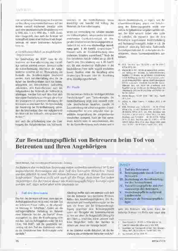 Vorschauseite 1: Zur Bestattungspflicht von Betreuern beim Tod von Betreuten und ihren Angehörigen