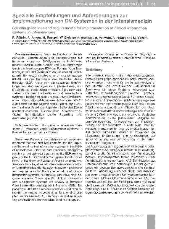 Vorschauseite 1: Spezielle Empfehlungen und Anforderungen zur Implementierung von DV-Systemen in der Intensivmedizin