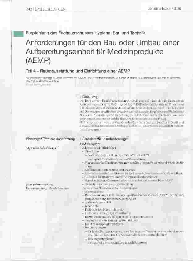 Vorschauseite 1: Empfehlung des Fachausschusses Hygiene, Bau und Technik Anforderungen für den Bau oder Umbau einer Aufbereitungseinheit für Medizinprodukte (AEMP) Teil 4 Raumausstattung und Einri…