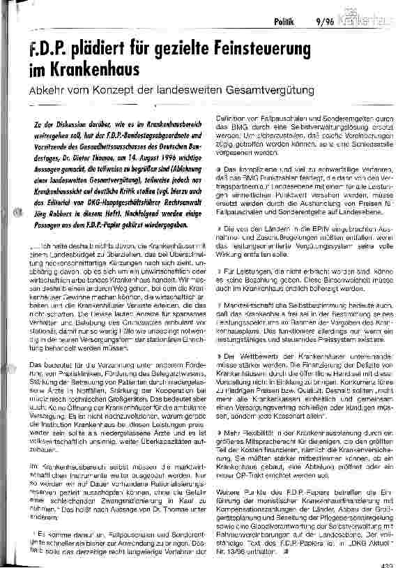 Vorschauseite 1: F.D.P. plädiert für gezielte Feinsteuerung im Krankenhaus Abkehr vom Konzept der landesweiten Gesamtvergütung