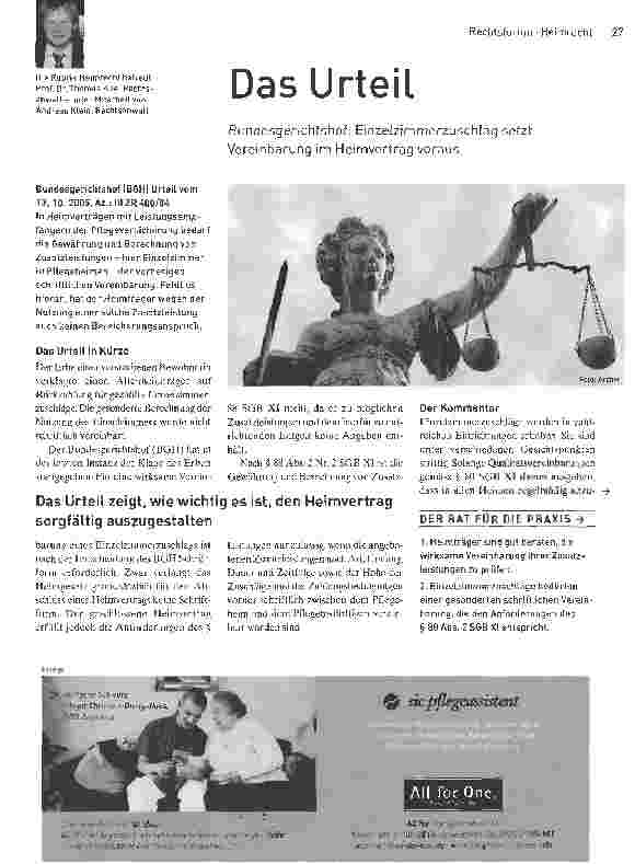 Vorschauseite 1: Das UrteilBundesgerichtshof: Einzelzimmerzuschlag setzt Vereinbarung im Heimvertrag voraus