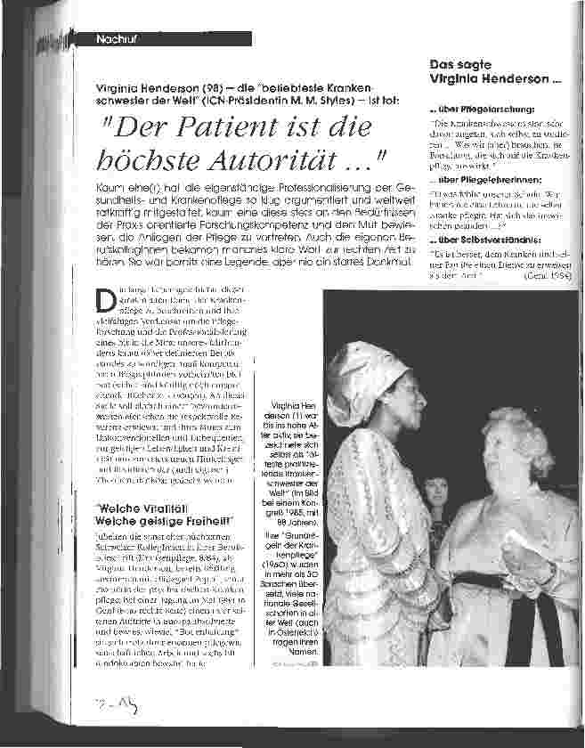 Vorschauseite 1: Virginia Henderson (98) - die beliebteste Krankenschwester der Welt (ICN-Präsidentin M. M. Styles) - ist tot: Der Patient ist die höchste Autorität. ..