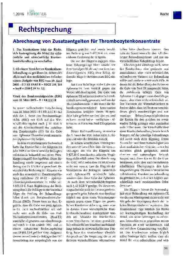Vorschauseite 1: Abrechnung von Zusatzentgelten für Thrombozytenkonzentrate