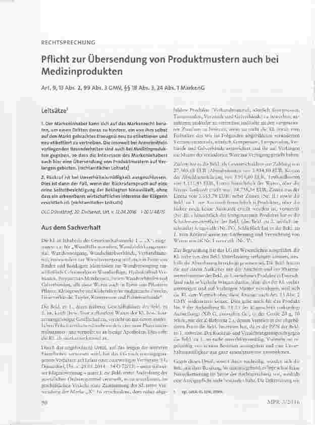 Vorschauseite 1: Pflicht zur Übersendung von Produktmustern auch bei Medizinprodukten Art. 9, 13 Abs. 2, 99 Abs. 3 GMV, §§ 18 Abs. 3, 24 Abs. 1 MarkenG