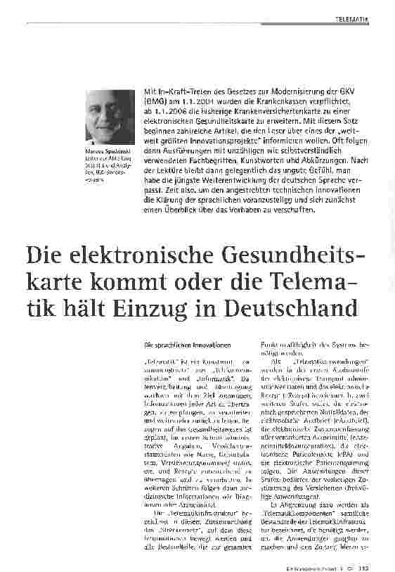 Vorschauseite 1: Die elektronische Gesundheitskarte kommt oder die Telematik hält Einzug in Deutschland
