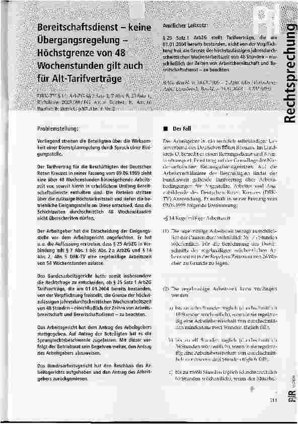 Vorschauseite 1: Bereitschaftsdienst - keine Übergangsregelung -Höchstgrenze von 48 Wochenstunden gilt auch für Alt-Tarifverträge